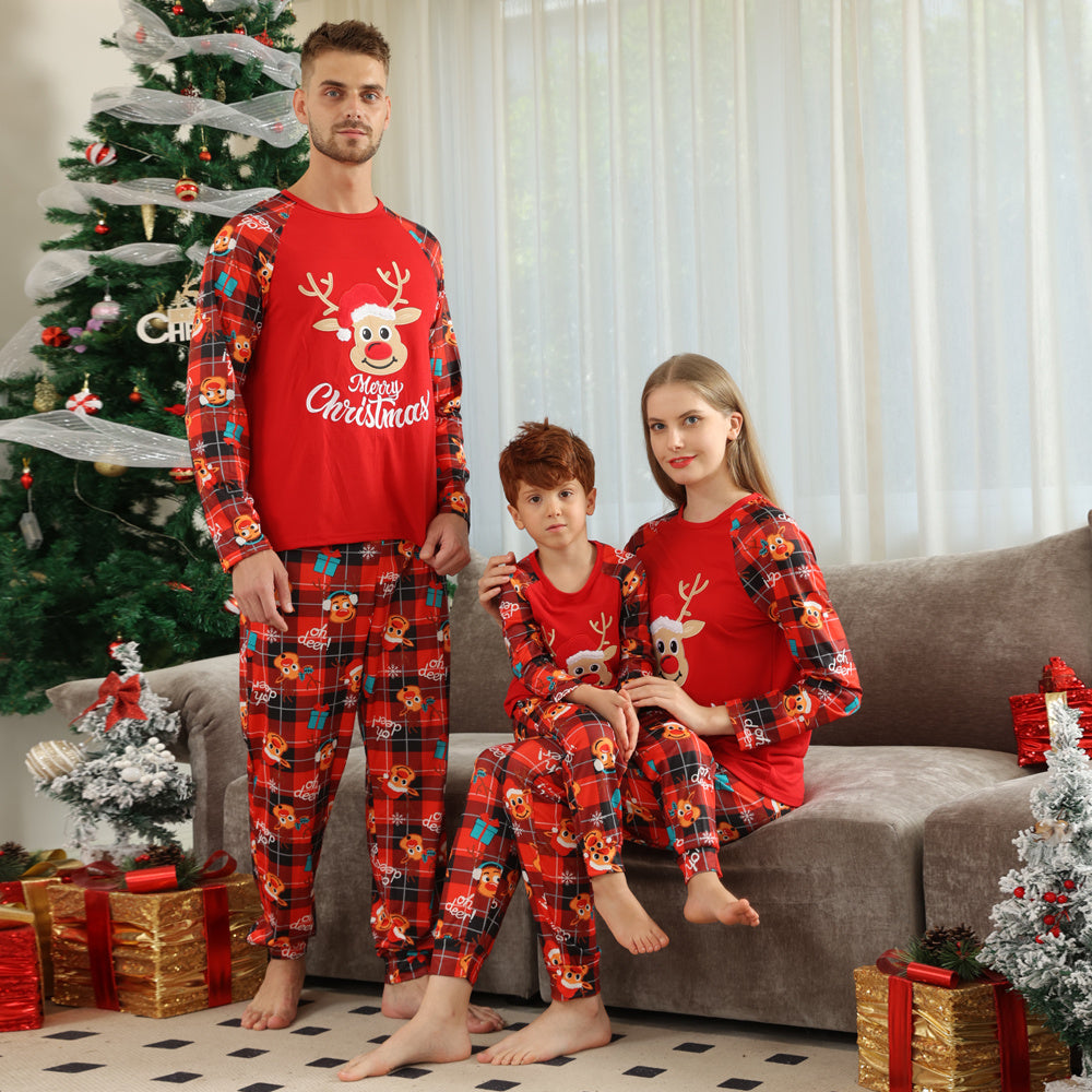 Merry Christmas Reindeer Red Plaid Matching Family Pajama Set