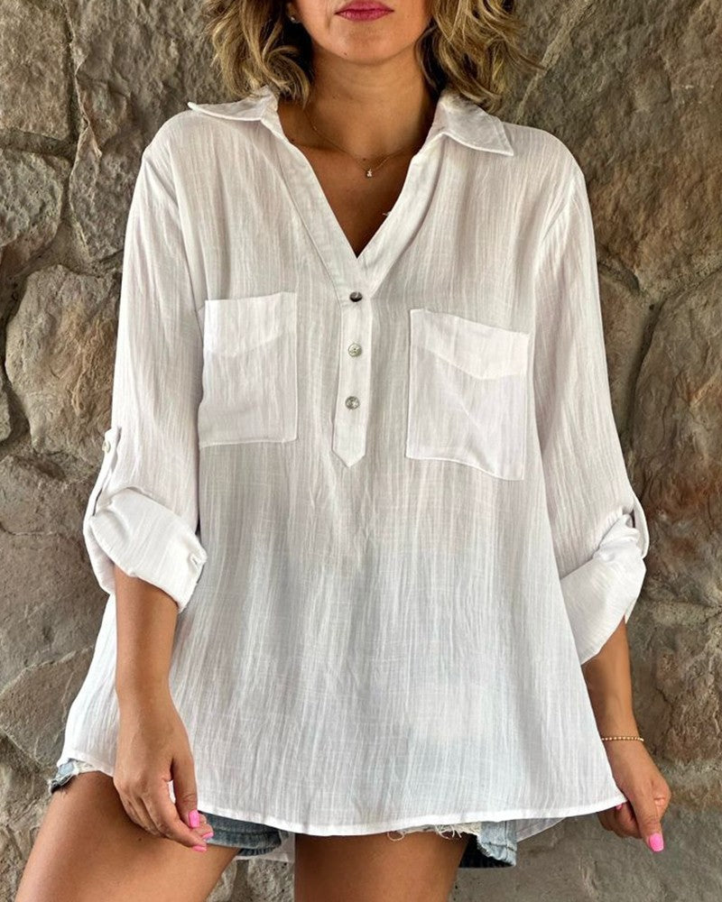 Women's Solid Color Long Sleeve Button Up Blouse