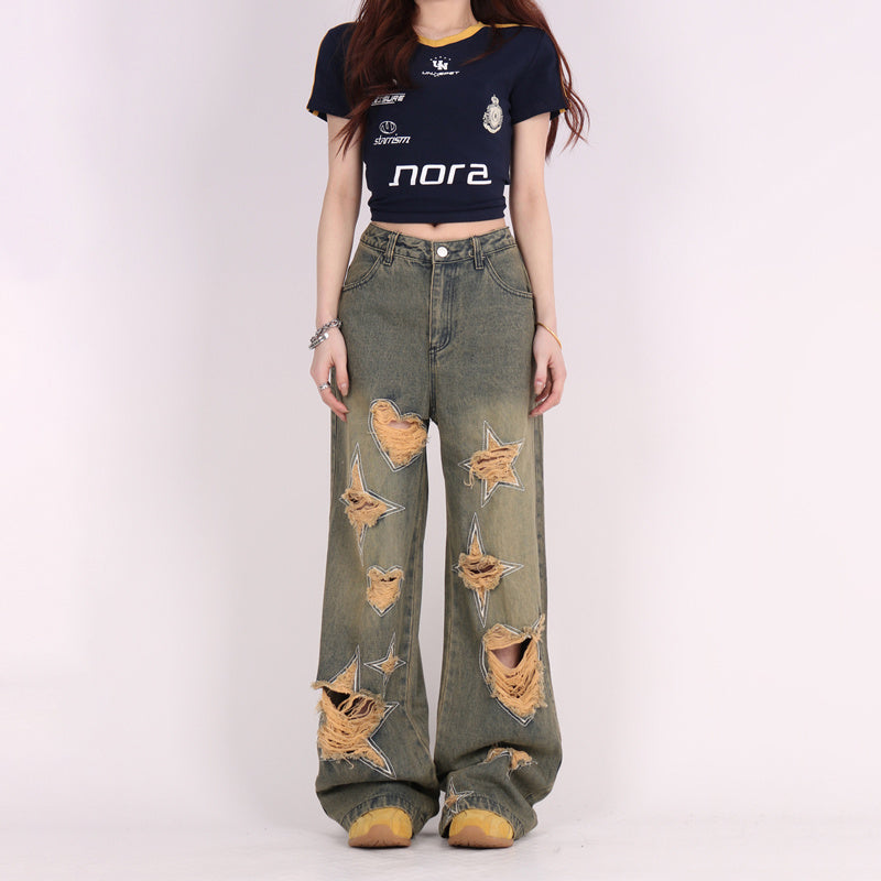 Jeans kaki lebar compang-camping dengan tambal sulam cinta retro