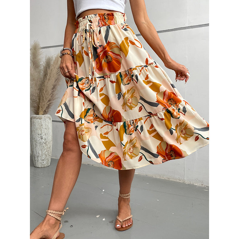 Floral Tiered Midi Rok met elastische taille voor Boho Charm