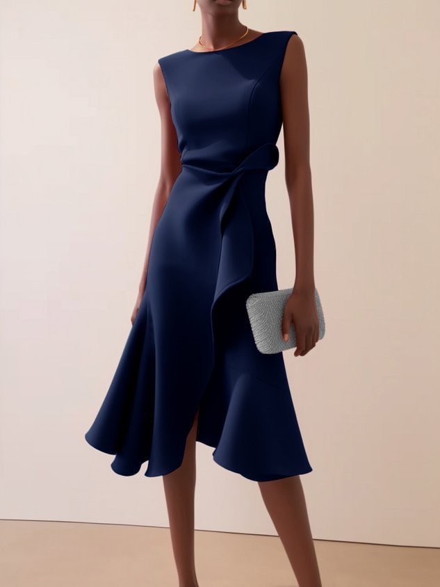 Red Sleeveless Round-Neck Dress with Elegant Temperament