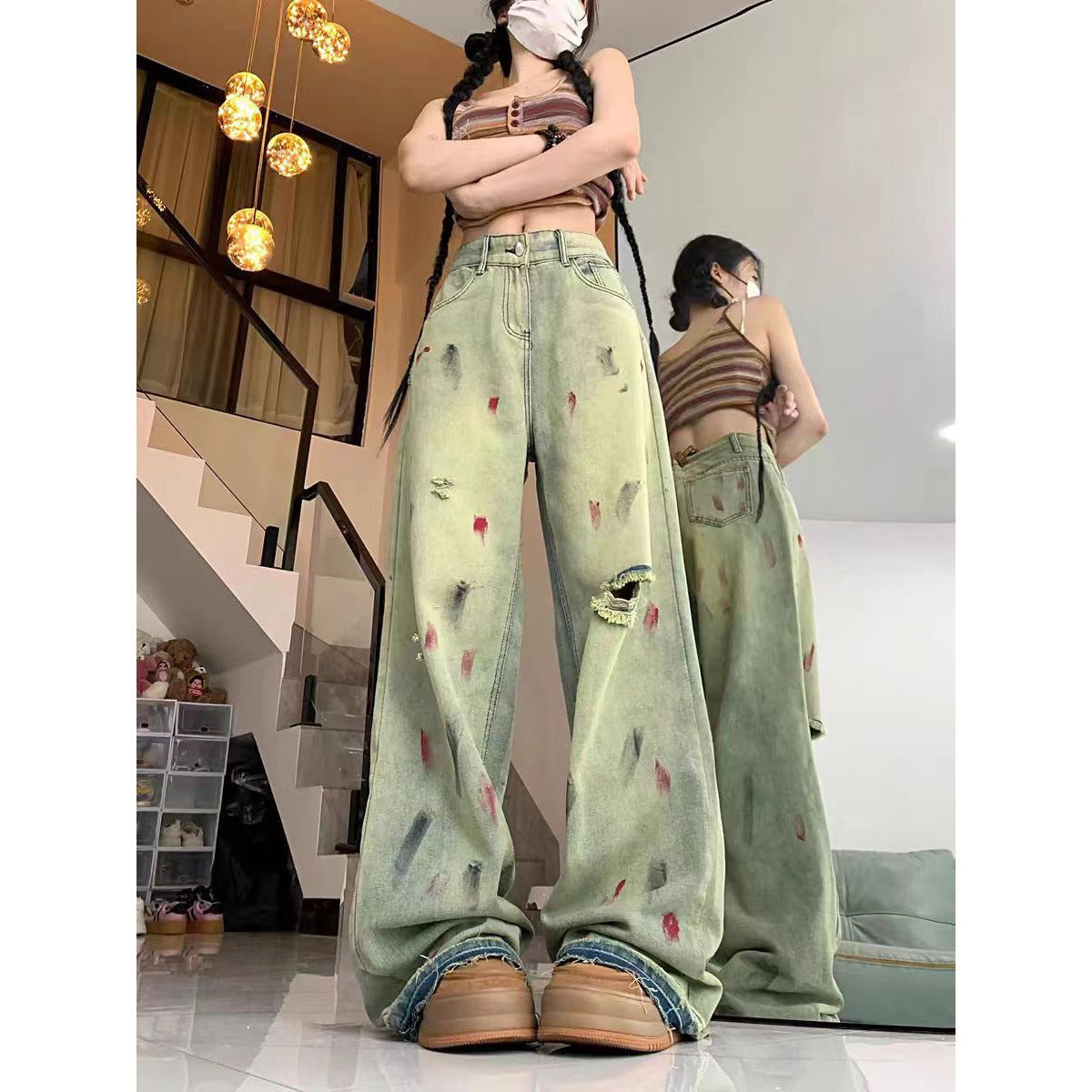 Painted Raw-Edge Wide-Leg Jeans with Artistic Flair