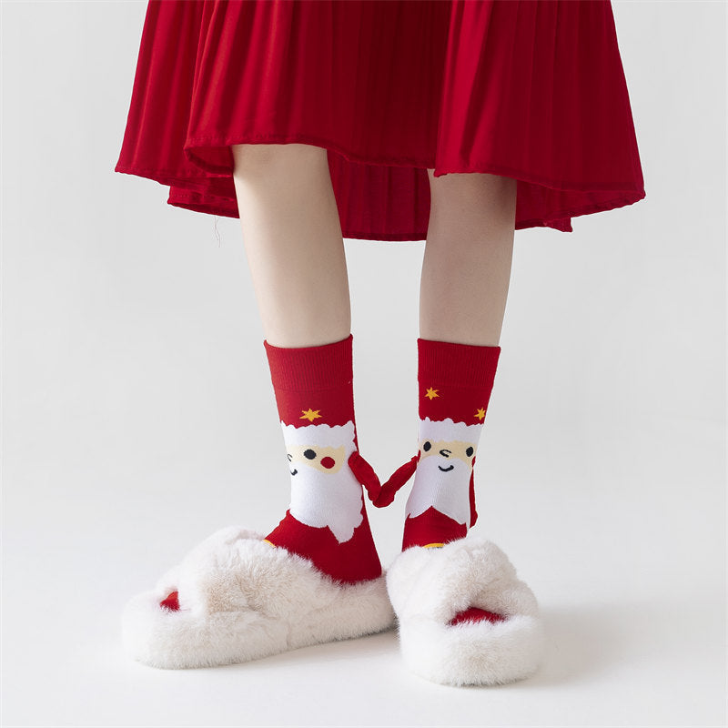 Cute Magnetic Hand Holding Christmas Themed Ankle Socks for Couples