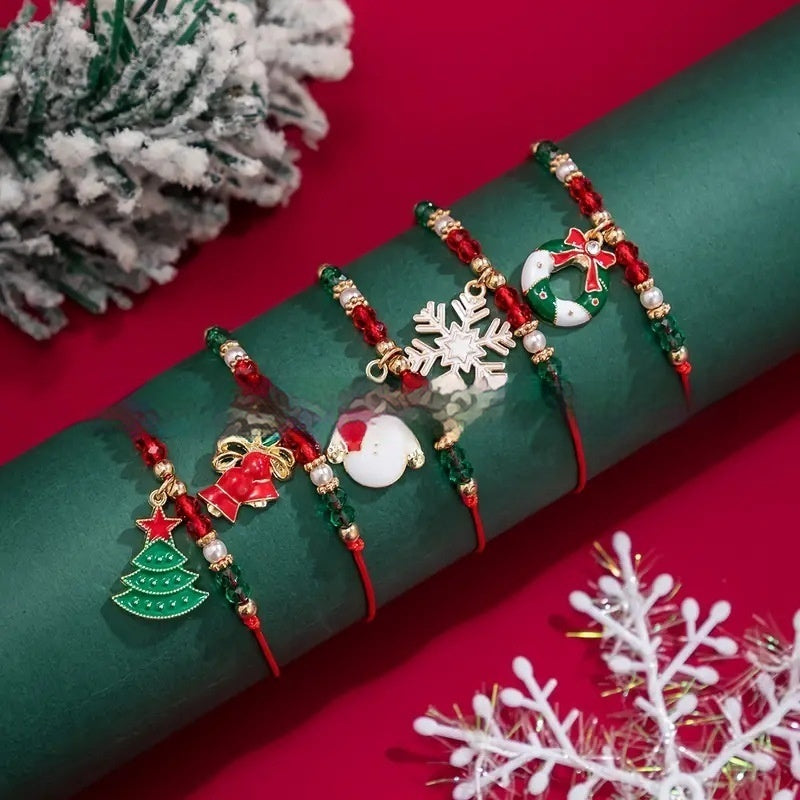 5-Piece Christmas Ribbon & Bead Bracelet Set With Tree, Bell, Snowflake, Wreath & Snowman-Theone Apparel