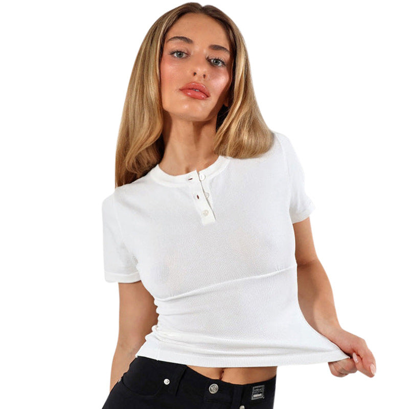 New Women's Solid-color Crew-neck Top With Buttons And Dropped Shoulders