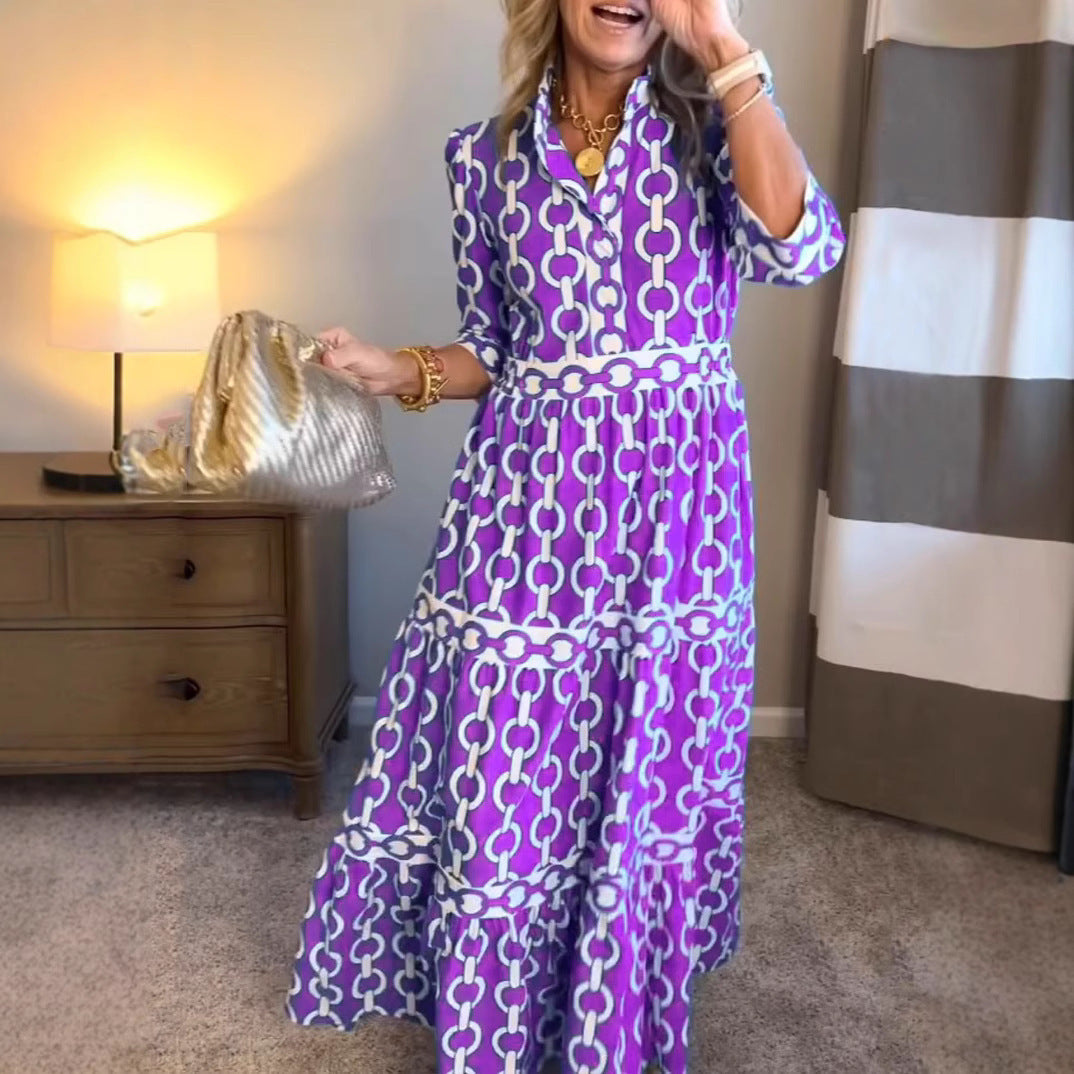 Vestido maxi de impressão geométrica com pescoço redondo para primavera e verão
