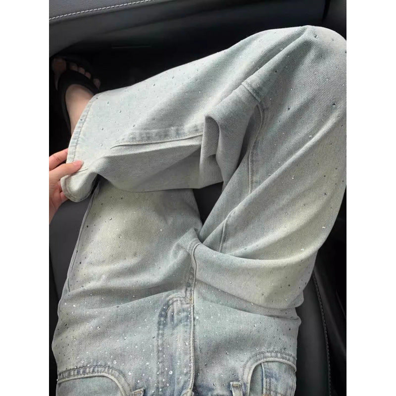 Jeans de strass de designer com formato de perna larga esbelta drapeada