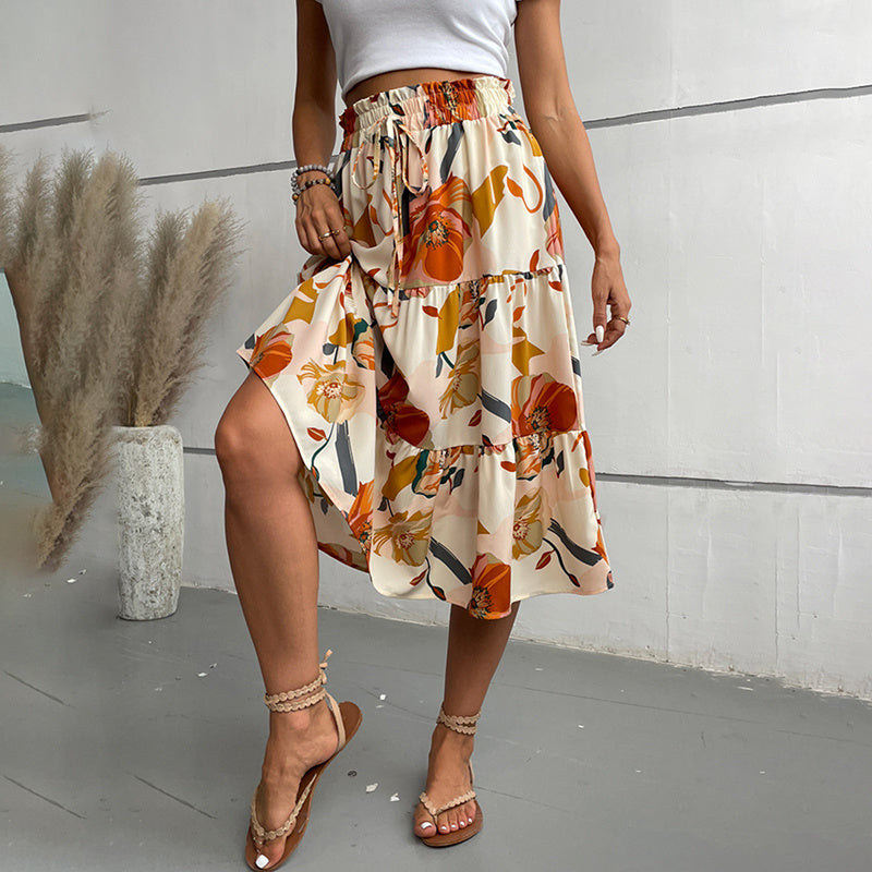 Floral Tiered Midi Rok met elastische taille voor Boho Charm