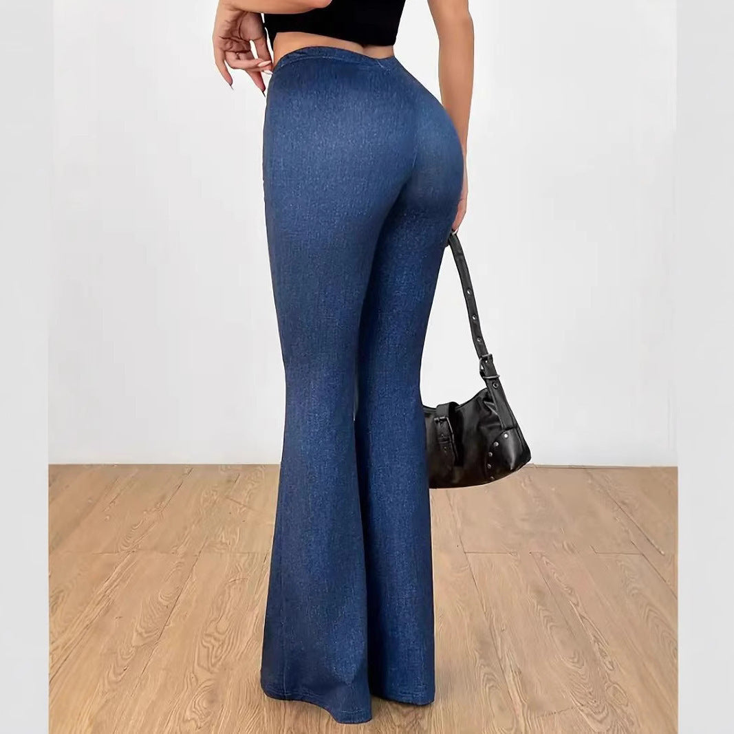 Pantalones de mezclilla con fondo de campana impreso con ajuste de cintura alta