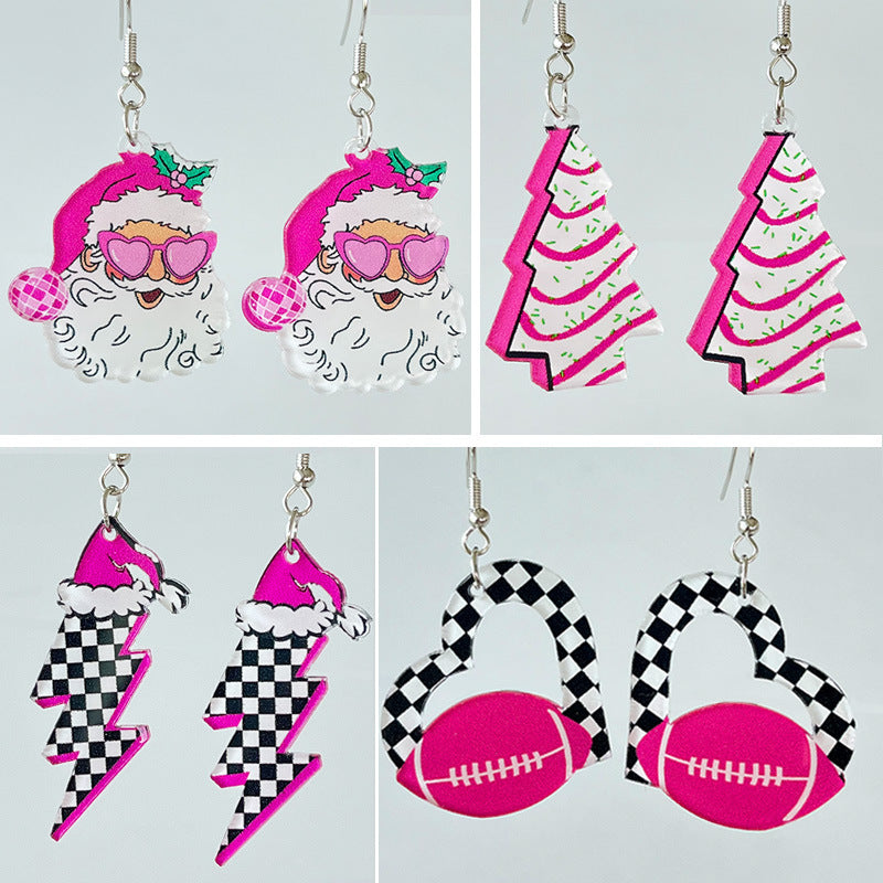 Pink & Checkerboard Retro 1980s-Style Christmas Acrylic Dangle Earrings in Assorted Styles