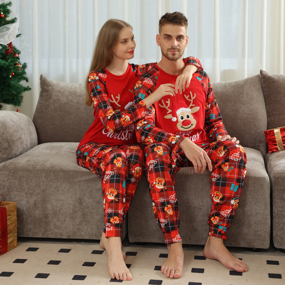 Merry Christmas Reindeer Red Plaid Matching Family Pajama Set