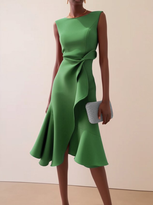 Red Sleeveless Round-Neck Dress with Elegant Temperament