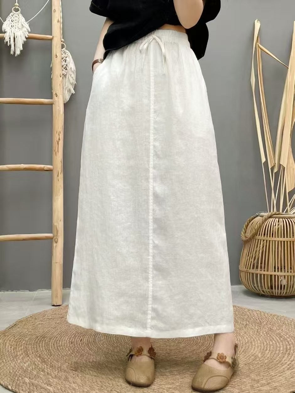 Lace Up Linen High Waist Skirt With Back Slit