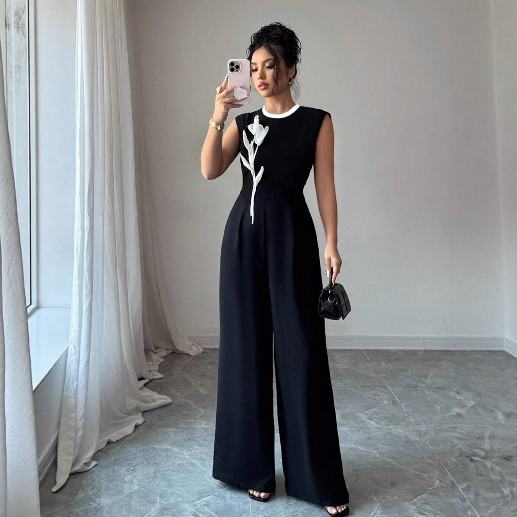 Elegant Embroidered Black Crew-Neck Sleeveless Wide-Leg Jumpsuit