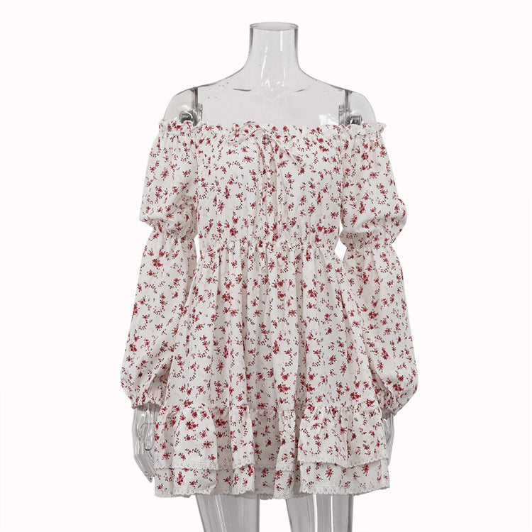 Off-shoulder puff mouw geplooide buisjurk met gecontroleerde taille