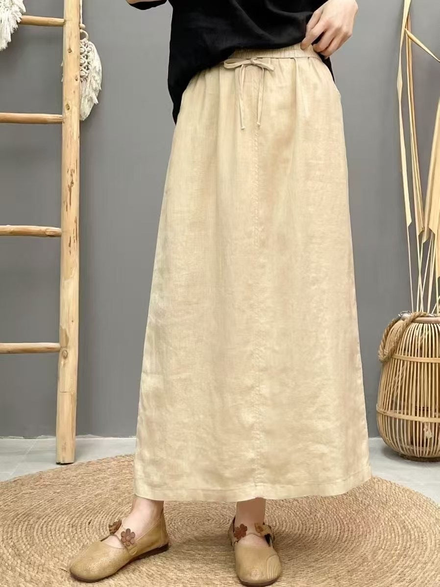 Lace Up Linen High Waist Skirt With Back Slit
