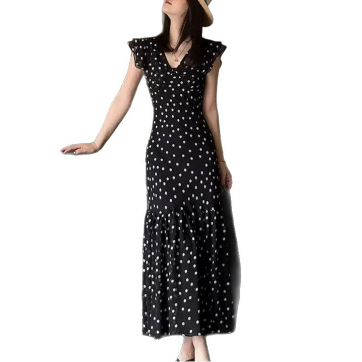 Sleek Black Polka Dot Dress with French-Inspired Slim Fit
