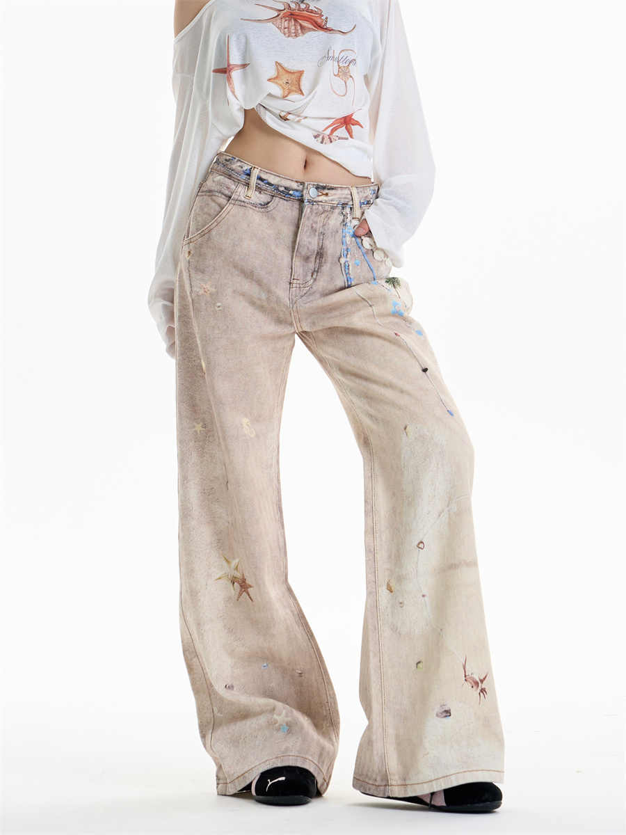 Jeans de la cadena retro con estampado recto con acabado vintage