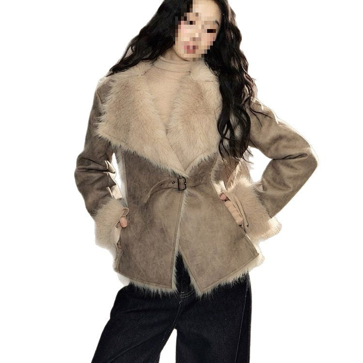 Suede Fur Trimmed Short Coat For Women