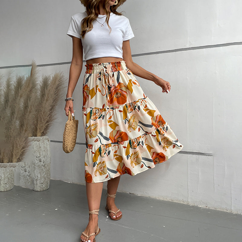 Floral Tiered Midi Rok met elastische taille voor Boho Charm