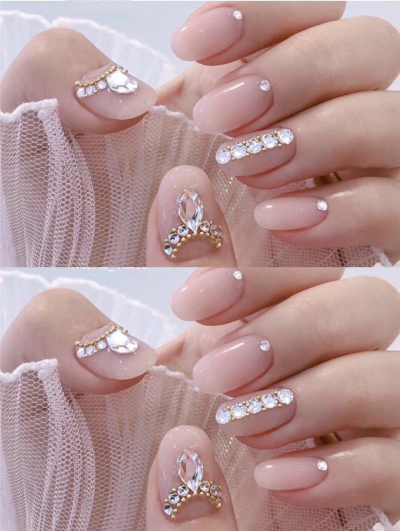 Women's Nude Pink Short Almond Shaped False Nails with Jewel Adornments