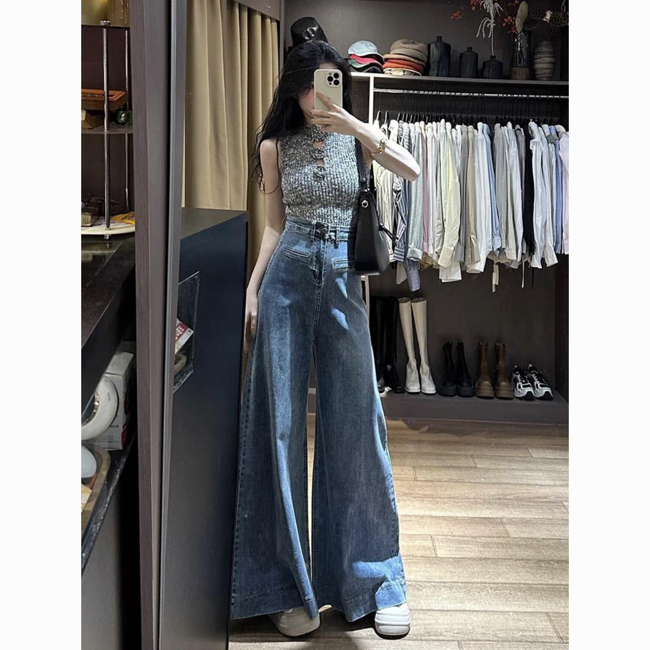 Retro Blue Floor-Length Wide-Leg Jeans with Drape