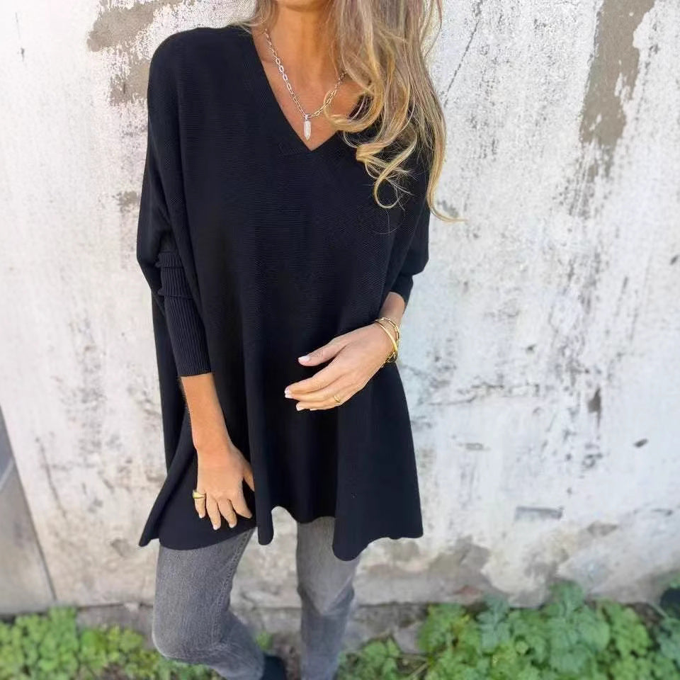 Autumn Winter Knitted V Neck Long Sleeve Loose Top For Women