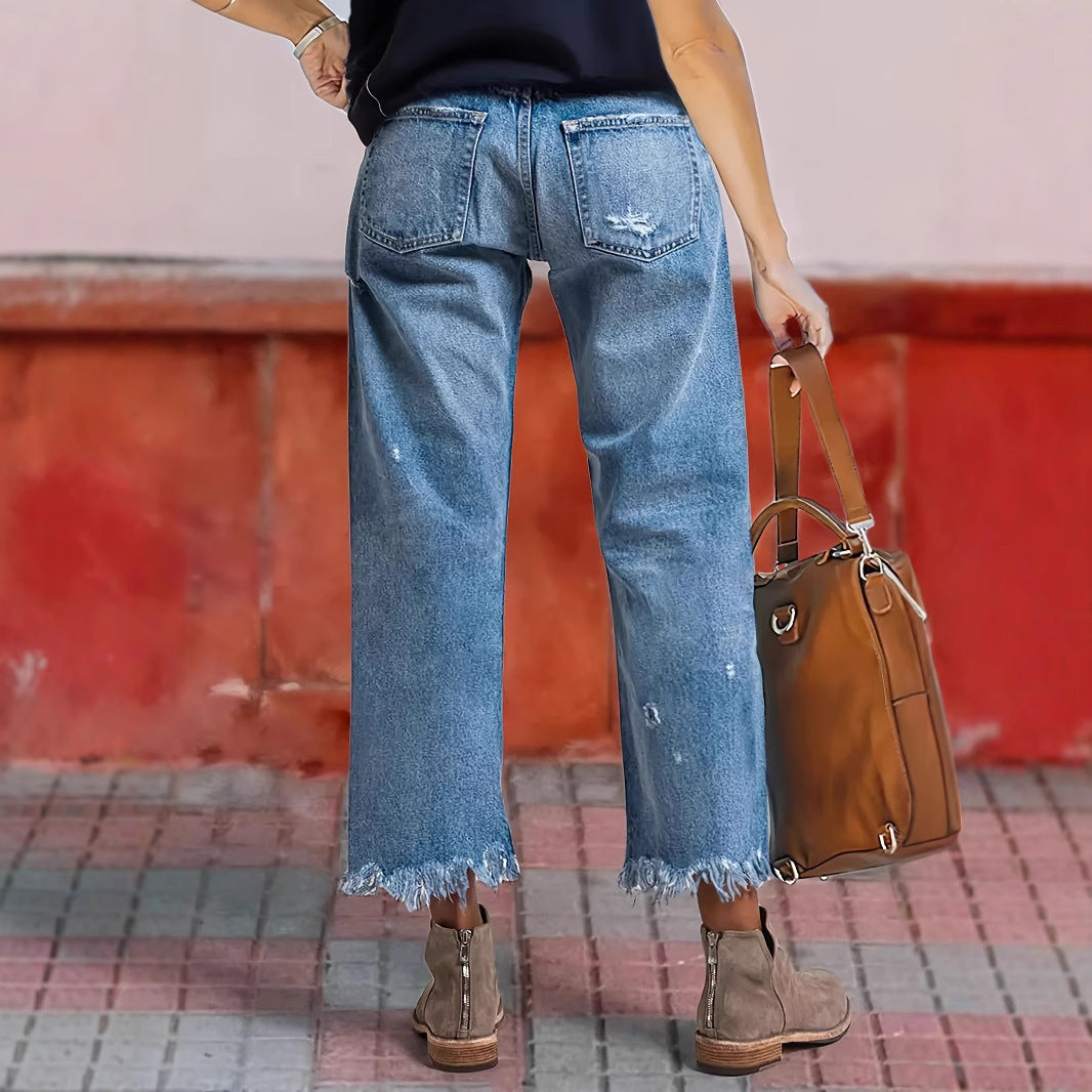 Stretch rechte jeans gescheurd met gemakkelijk bewegingscomfort