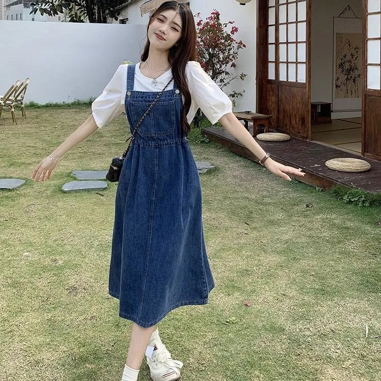 Mid Length Denim Overall Dress With Adjustable Straps For Summer