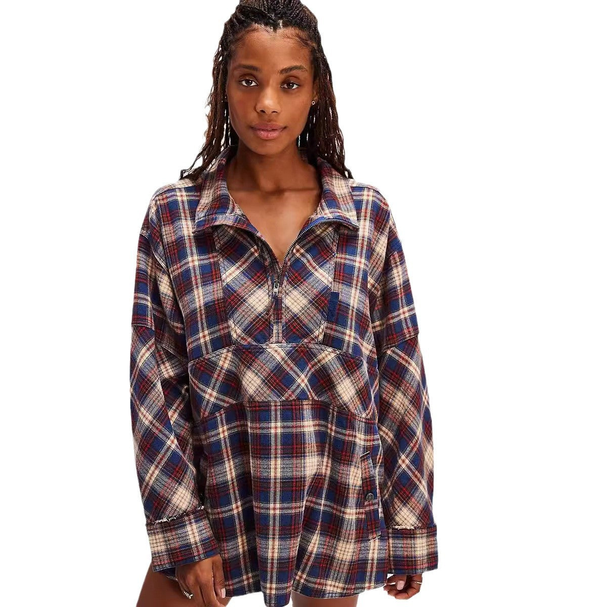 Women's Half-zip Flip Collar Loose Pocket Plaid Long Sleeve Shirt