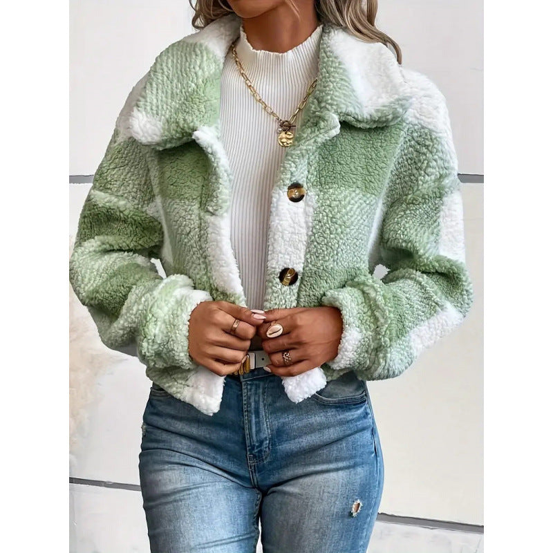 Plaid Plush Button Cardigan Coat For Women Warm