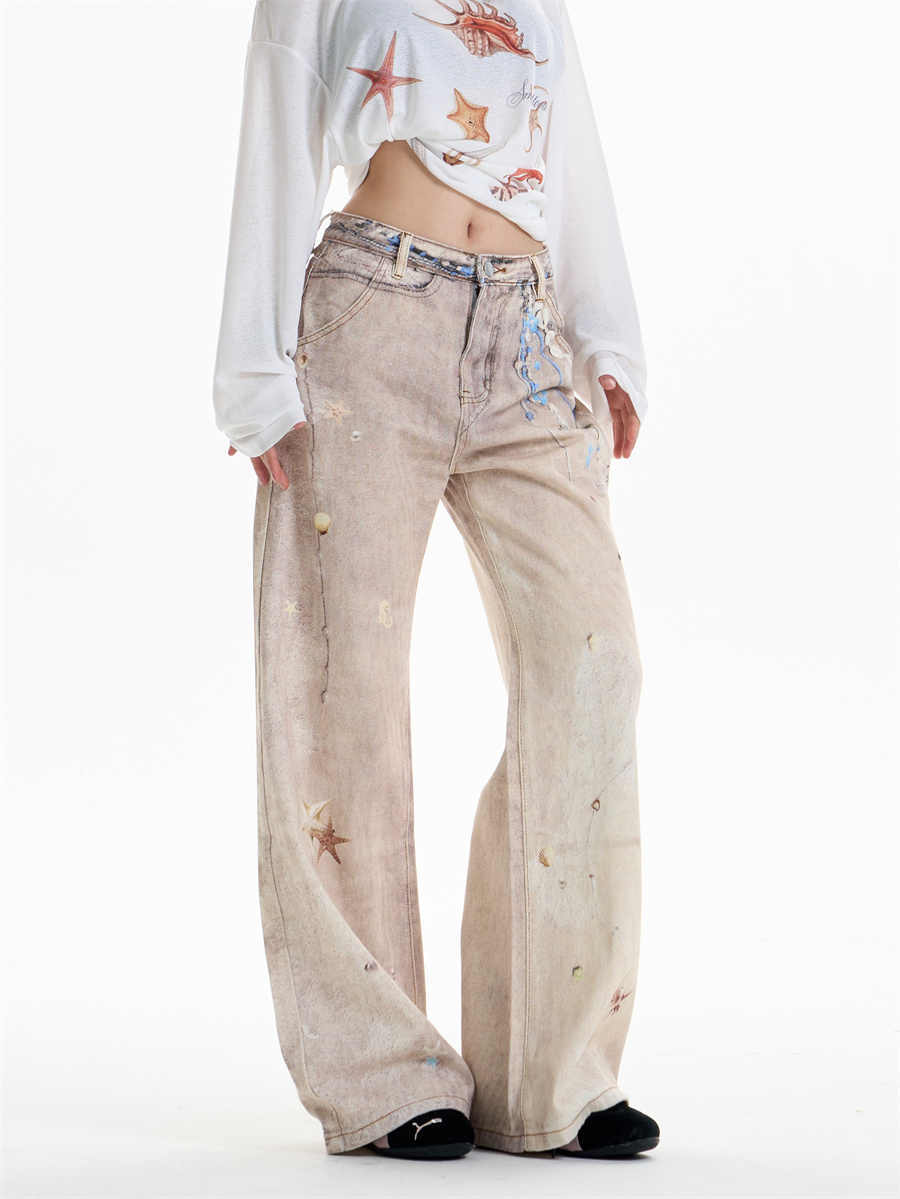 Jeans de la cadena retro con estampado recto con acabado vintage