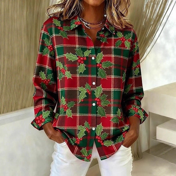 Women's Long-Sleeve Shirt Casual Loose-Fit Plus-Size Collared Blouse