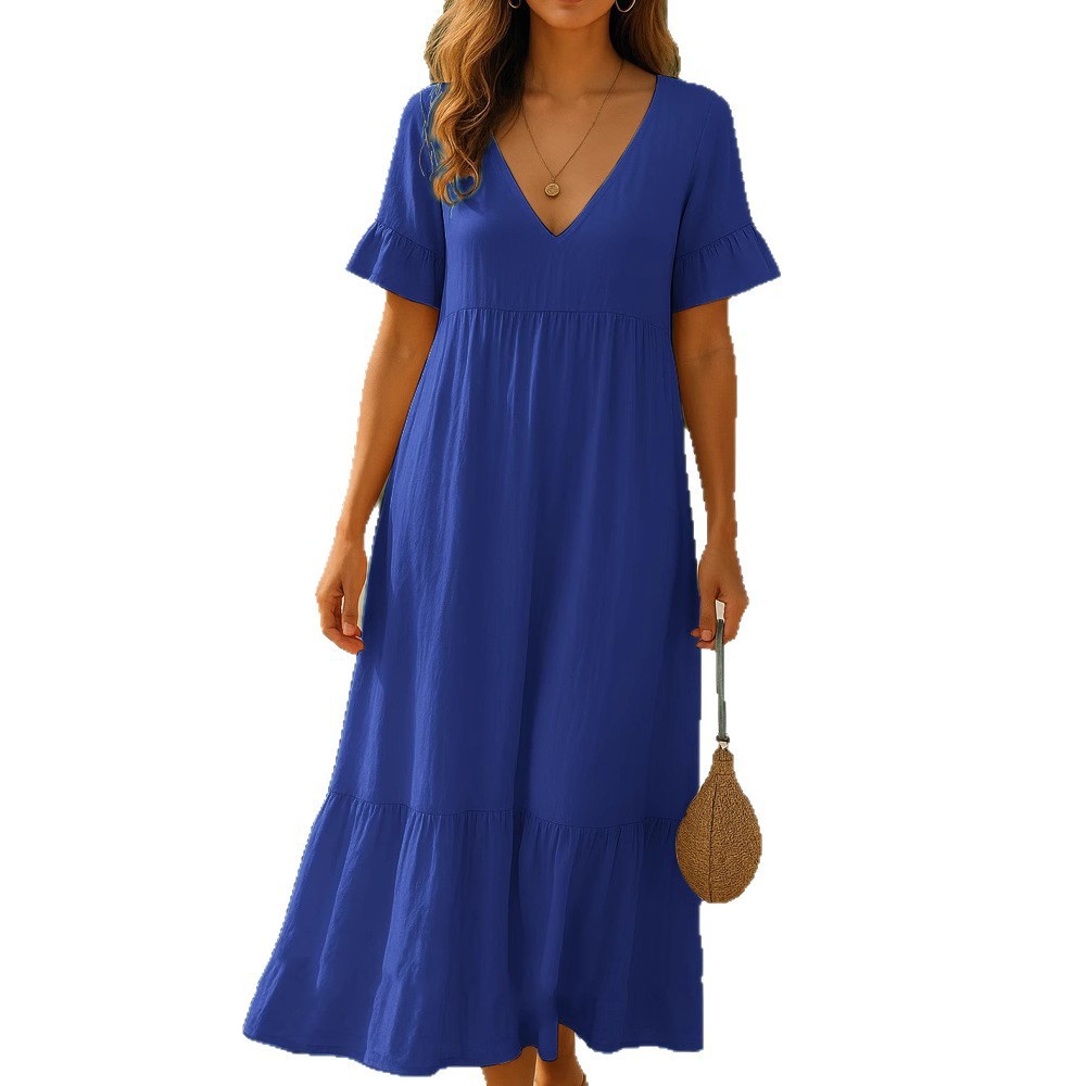 Chic V-Neck Solid-Color Dress with Multicolor Stitching Accents