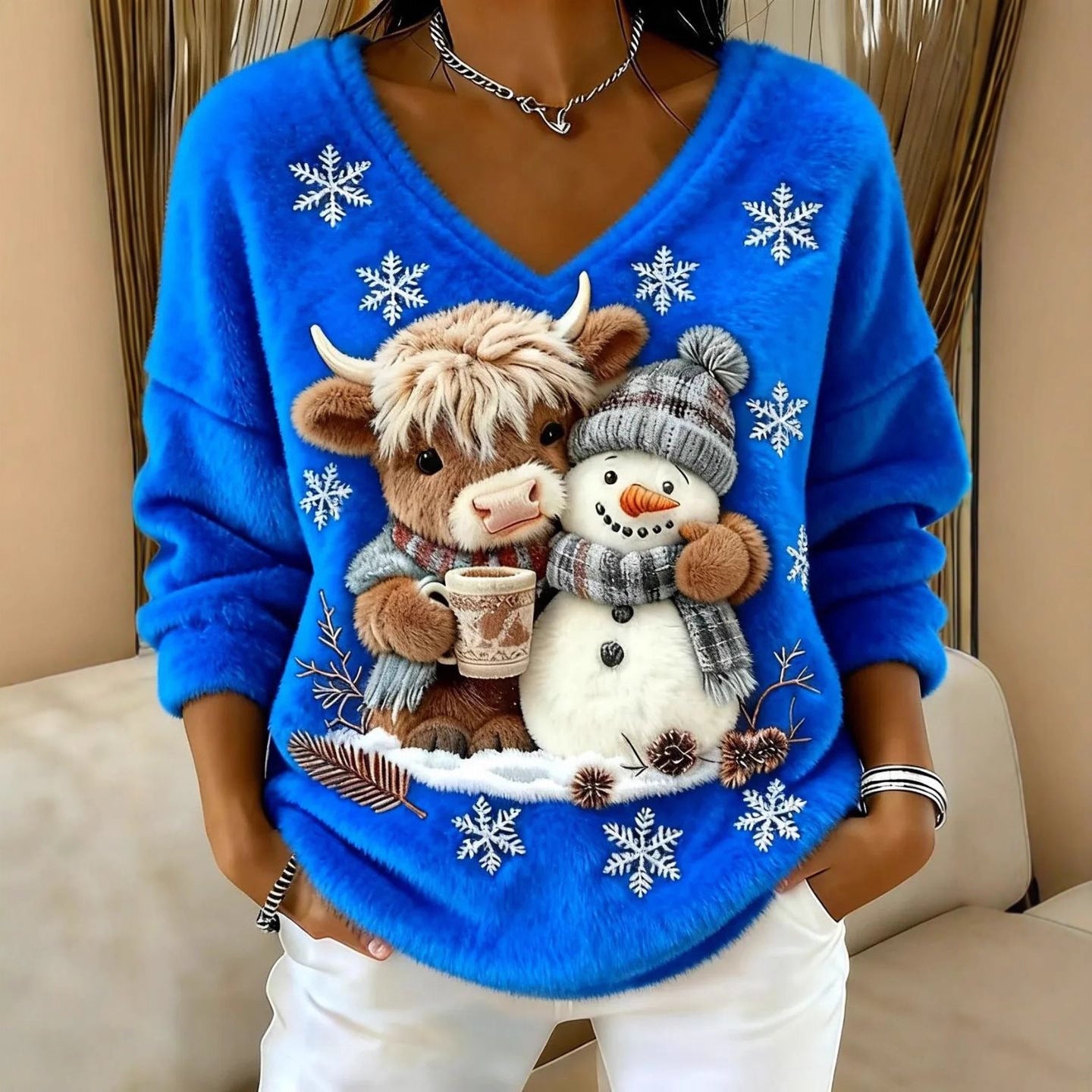 Fashionable Digital-Printed Christmas Women's V-Neck Sweater
