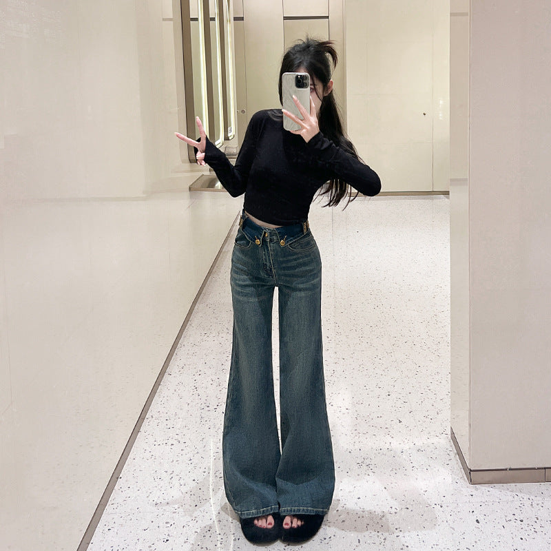 Jeans lurus berkobar untuk gaya musim gugur berbentuk pir