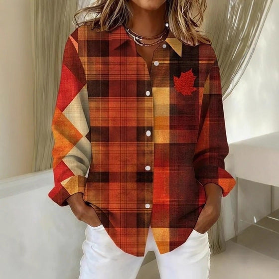 Women's Long-Sleeve Shirt Casual Loose-Fit Plus-Size Collared Blouse