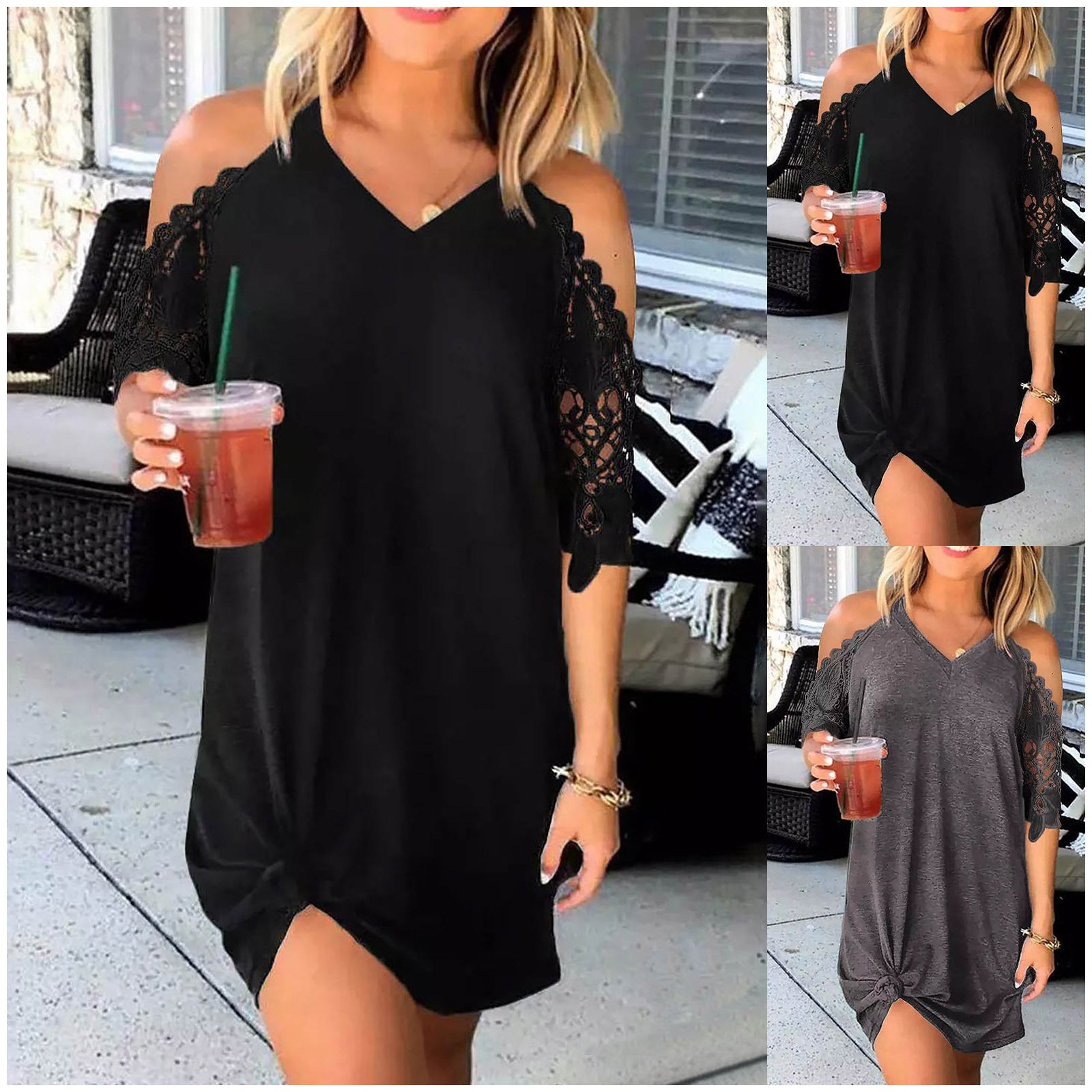 Vestido elegante de renda fria de renda de ombro em Vido Midi-Color Midi