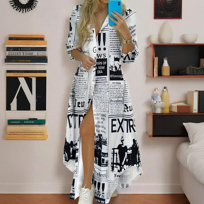 Newspaper Print Shirt Dress with Relaxed Button-Down Appeal
