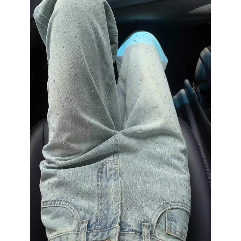 Jeans de strass de designer com formato de perna larga esbelta drapeada
