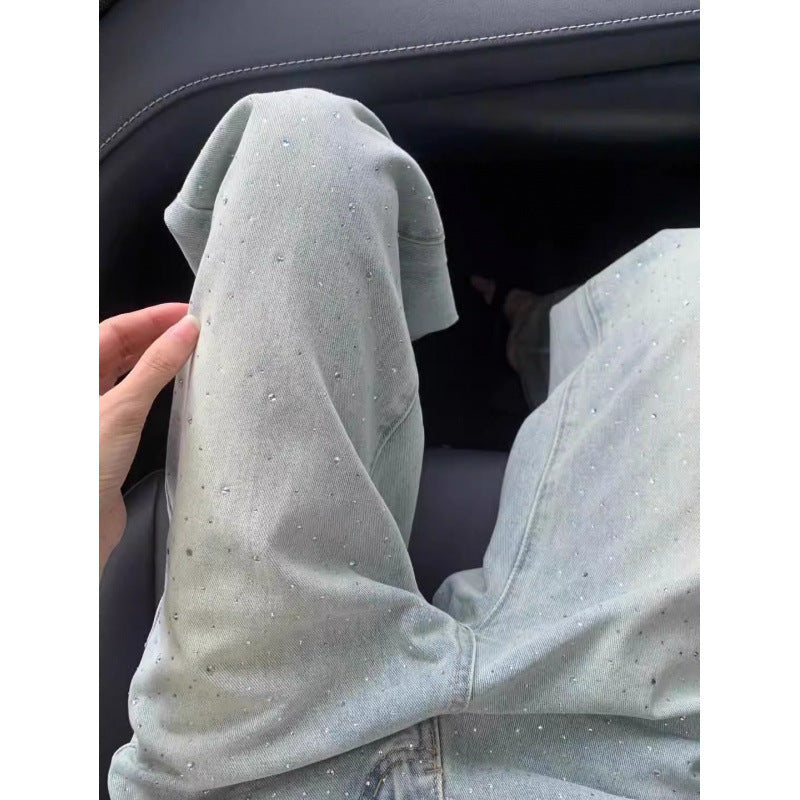 Jeans de strass de designer com formato de perna larga esbelta drapeada