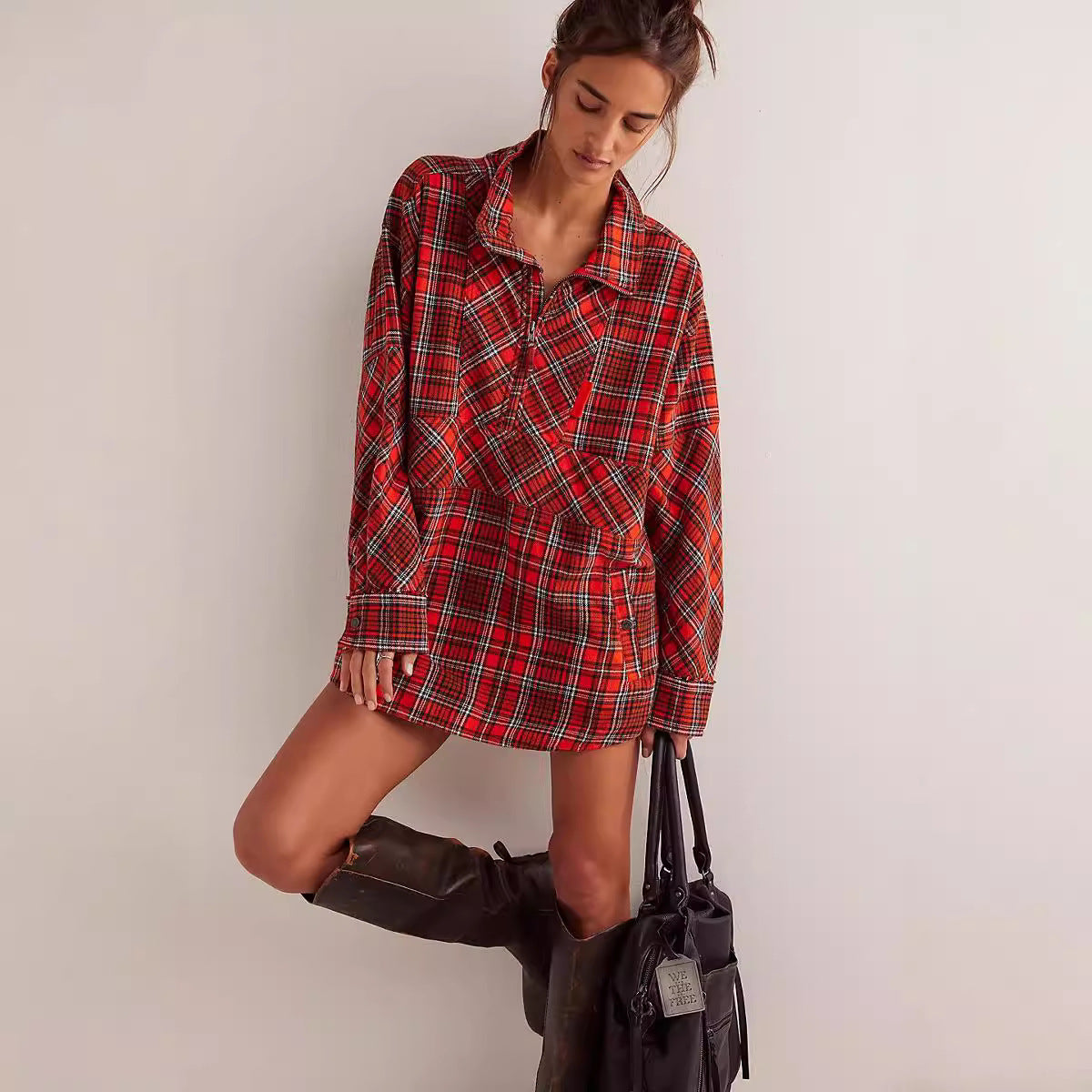 Women's Half-zip Flip Collar Loose Pocket Plaid Long Sleeve Shirt