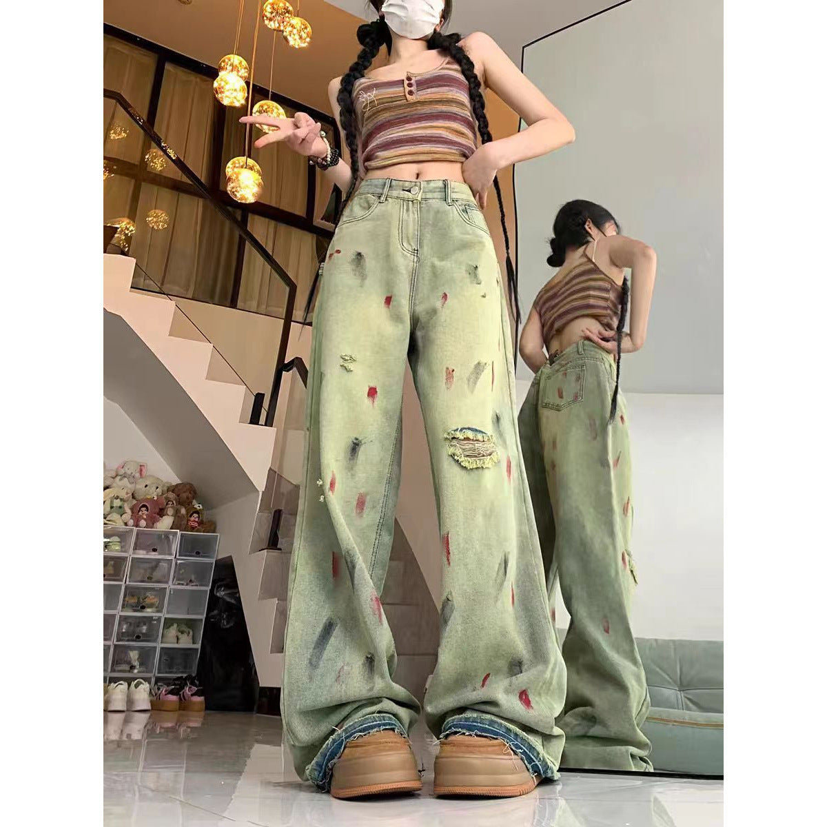 Painted Raw-Edge Wide-Leg Jeans with Artistic Flair