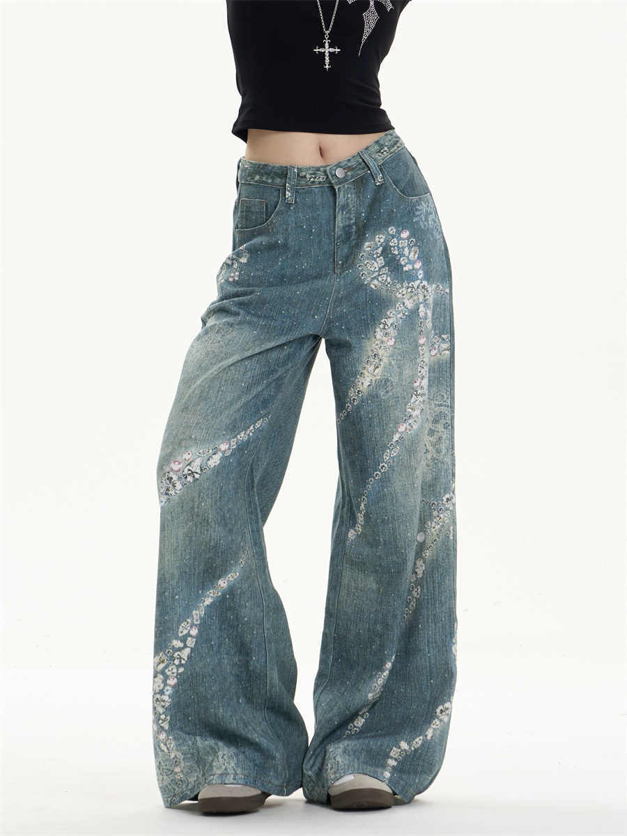 Verspieltes Bowknot-Druck mit breitem Bein-Jeans mit femininer Wendung