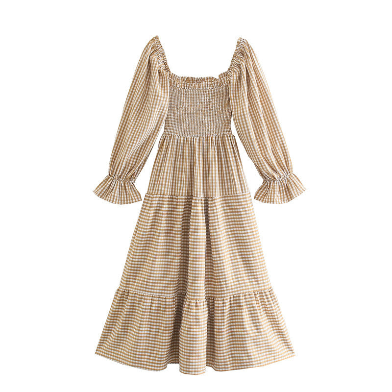 Robe à carreaux kaki fluide avec taille élastique pour l'usure de loisirs
