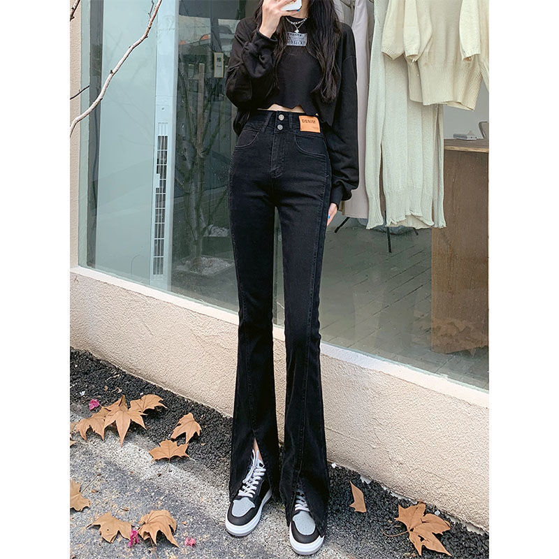 Black Slim Split Flared Jeans with Double Button Finish-Theone Apparel