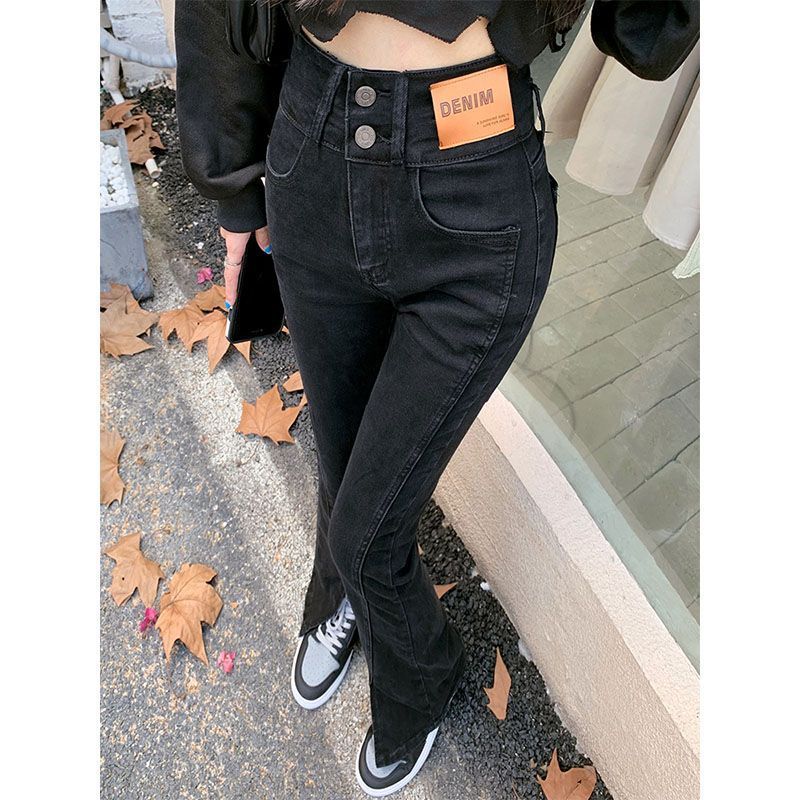 Black Slim Split Flared Jeans with Double Button Finish-Theone Apparel