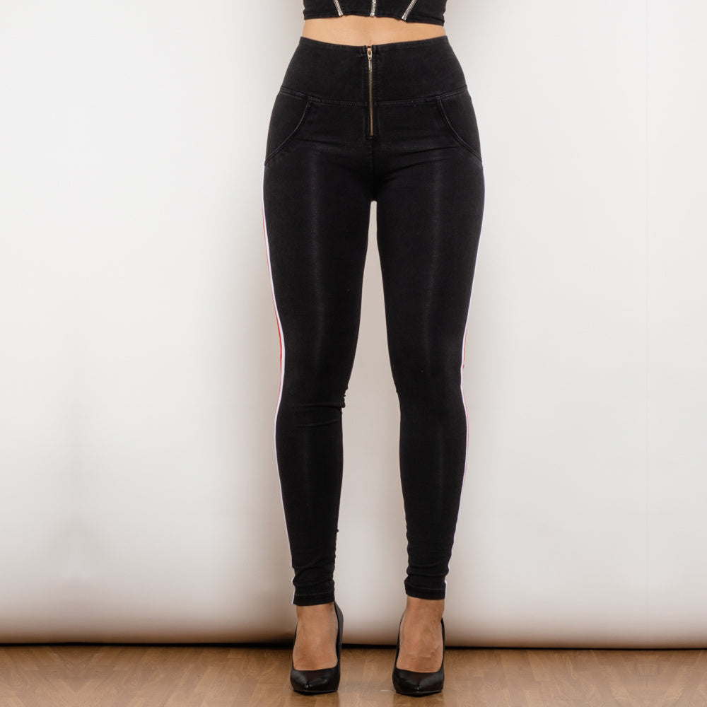 Black Stretch Pencil jeggings con design slim a strisce