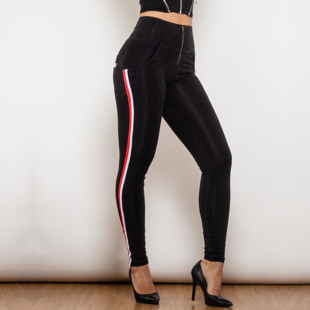 Black Stretch Pencil jeggings con design slim a strisce