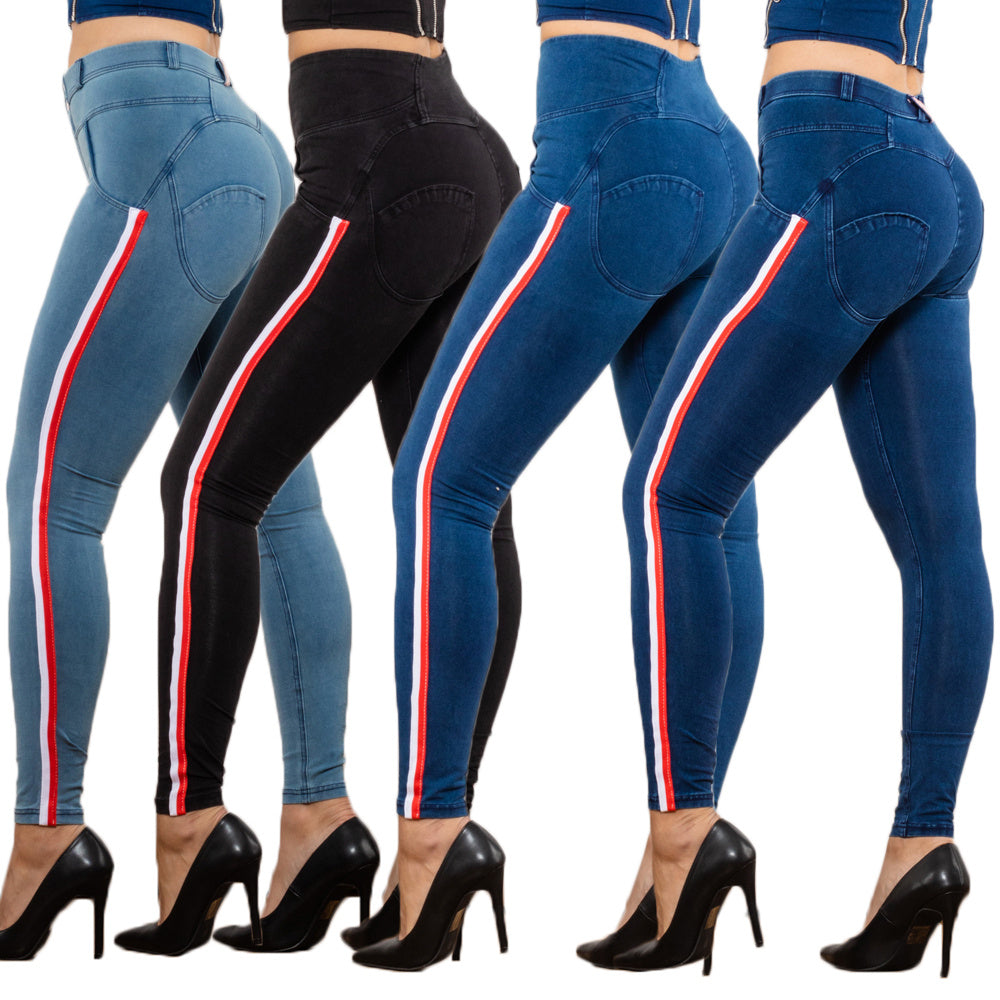 Black Stretch Pencil jeggings con design slim a strisce